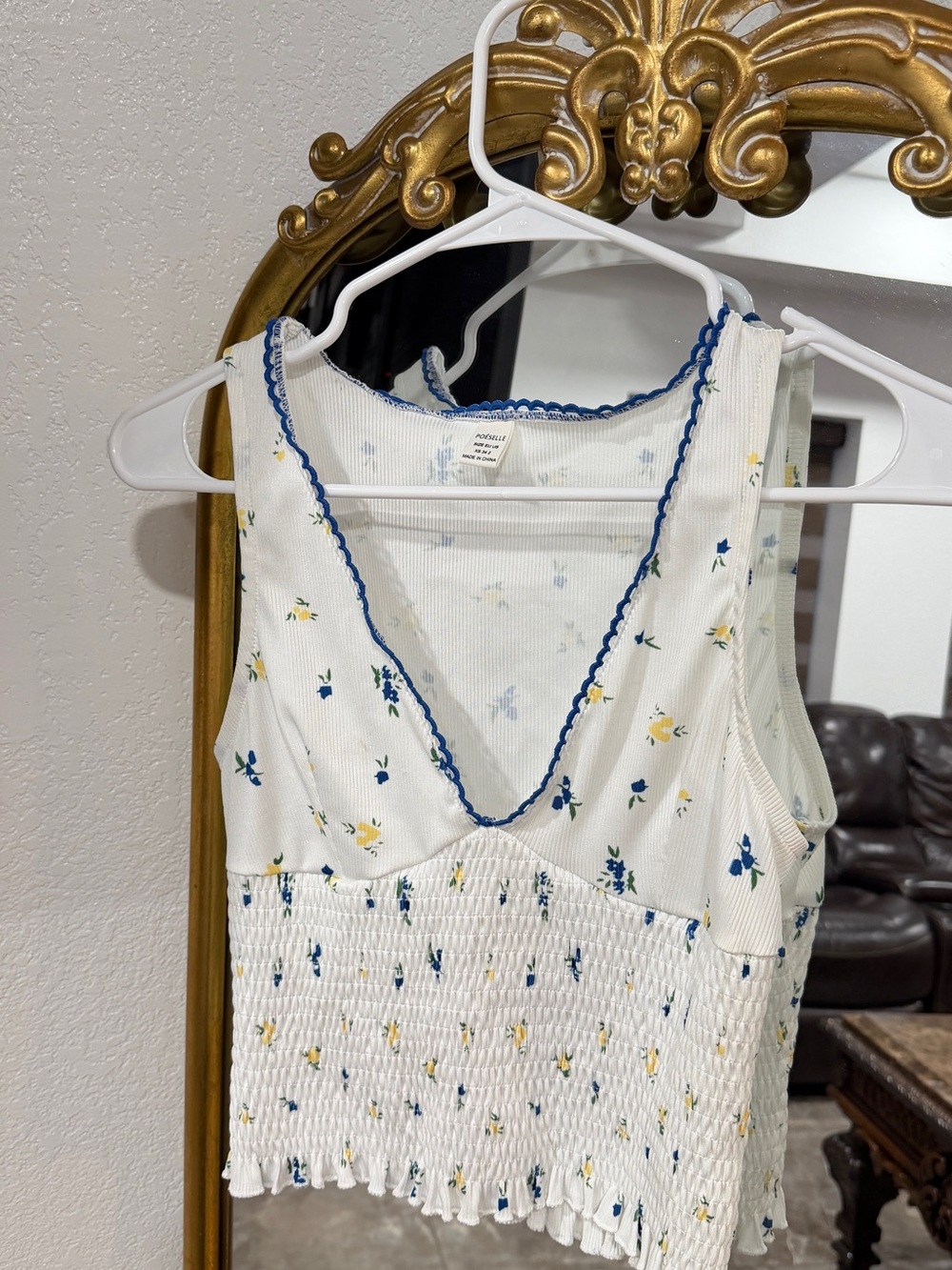 Smocked Floral Crop Tank with Blue Trim